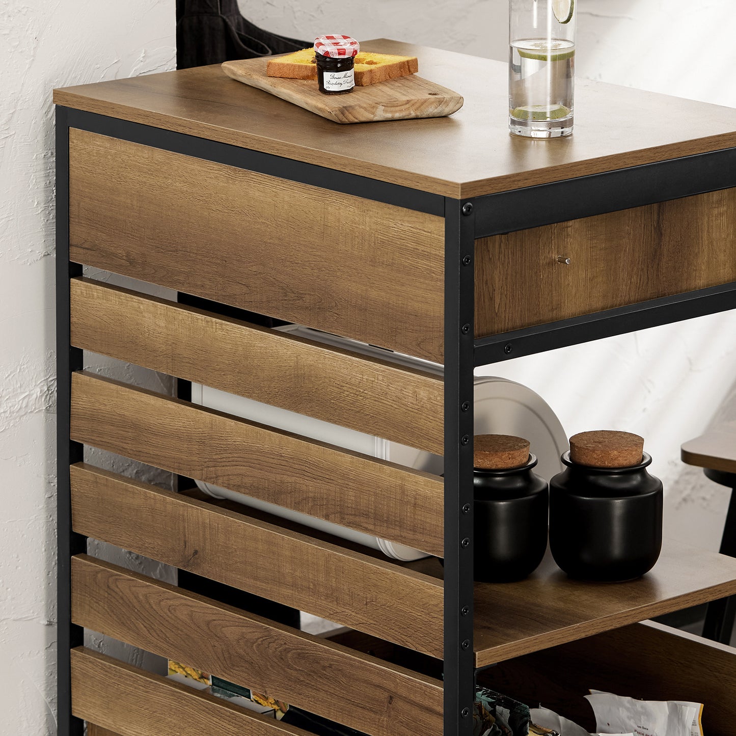 Keukentrolley – Keukenwagen – Serveerwagen – Opbergtrolley – Rolwagen – MDF Hout – Verrijdbare Lade met Remmen – Werkblad 60x45 cm