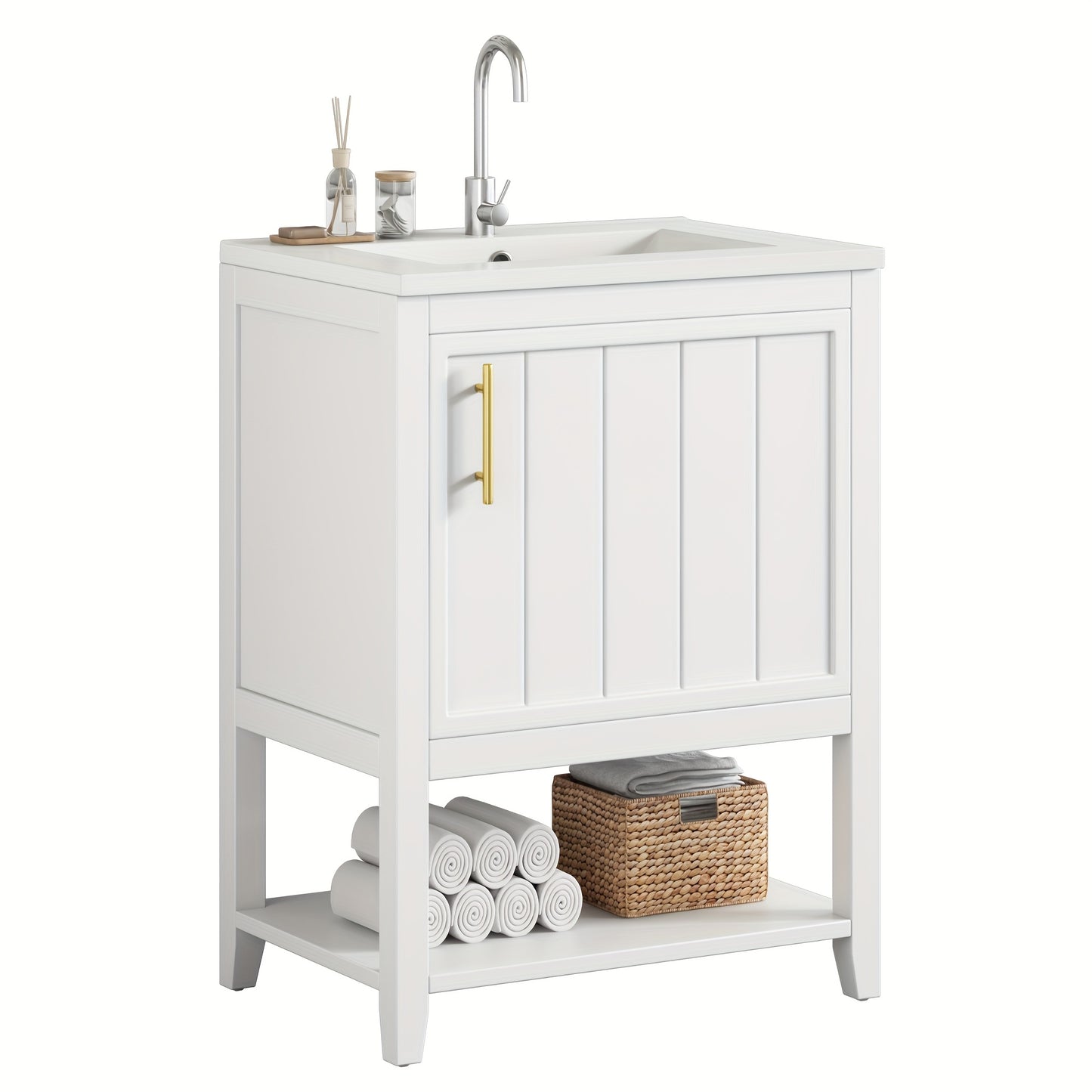 Bathroom Furniture, Single Washbasin, Vanity Unit 60 Cm, With Ceramic Washbasin With Shelf, White