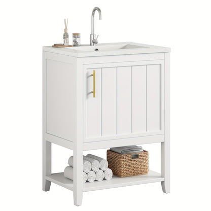 Bathroom Furniture, Single Washbasin, Vanity Unit 60 Cm, With Ceramic Washbasin With Shelf, White