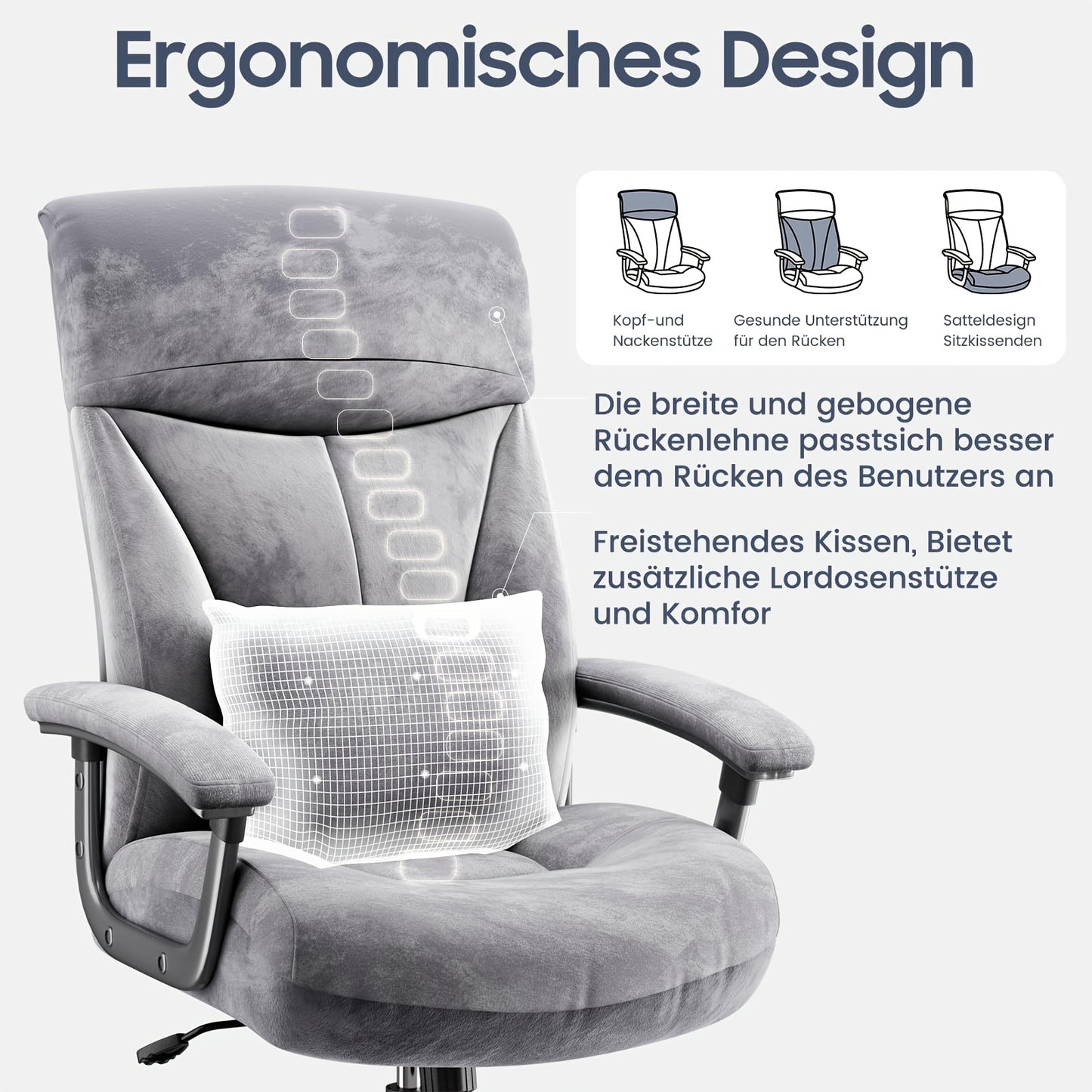 Ergonomische Bureaustoel – Bureaustoel – Werkstoel – Computerstoel – Bureaukruk – XXL Breed Zitvlak – Metalen Frame – Hoge Rugleuning – Lendensteun – Grijs S