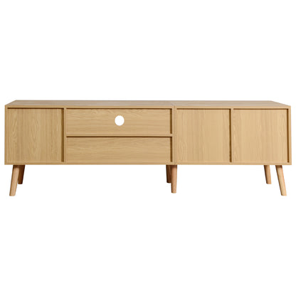 BTM TV Lowboard with Wood Look, Rattan Doors, and Drawer, 180 cm TV Stand for 80-Inch TVs, TV Cabinet with Cable Management, Storage Space & Solid Wood Legs, Scandinavian Design