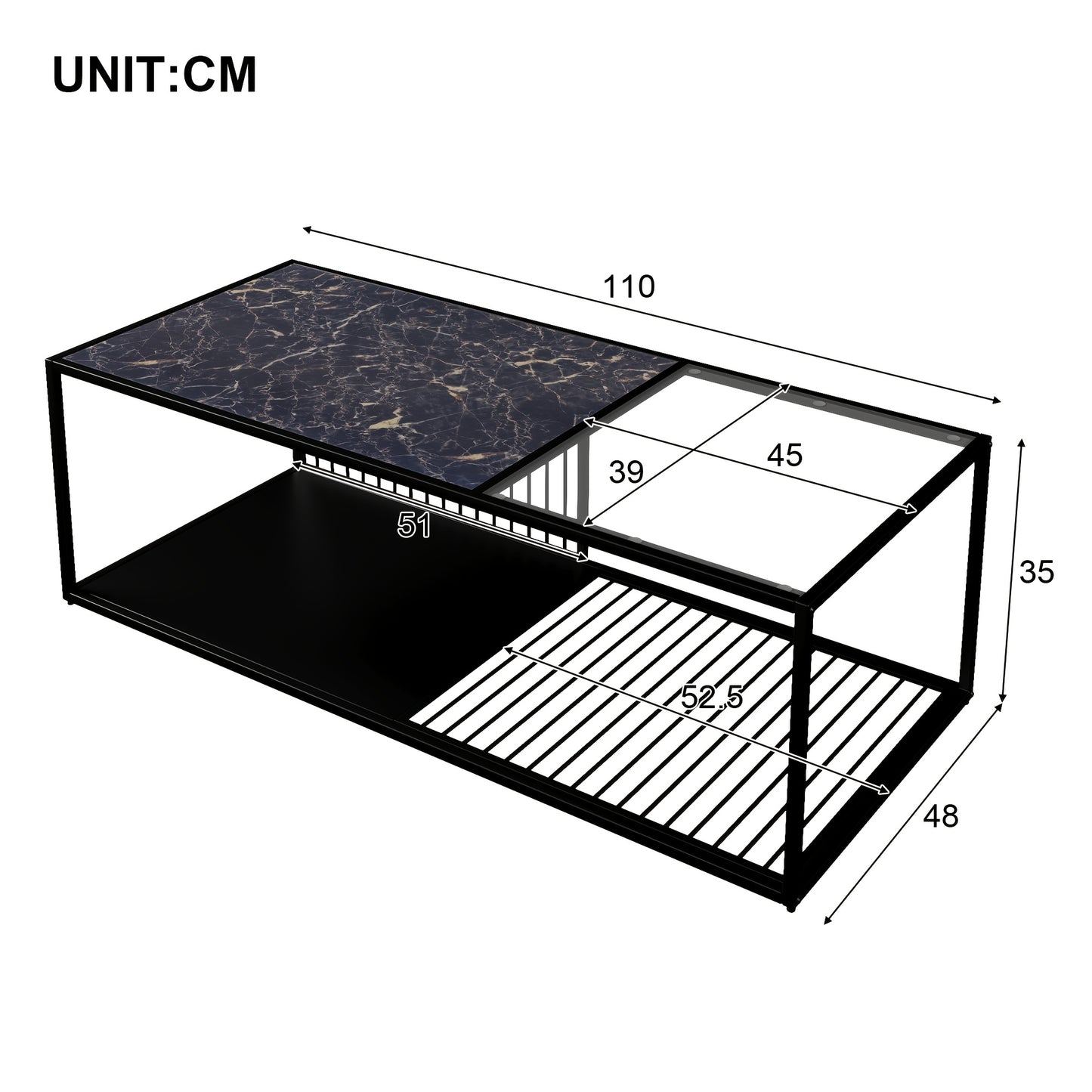 Koffietafel – Salontafel – Bijzettafel – Lounge tafel – Woonkamertafel – Zwart – Glazen Blad – Ruime Opberglade – Minimalistisch Design