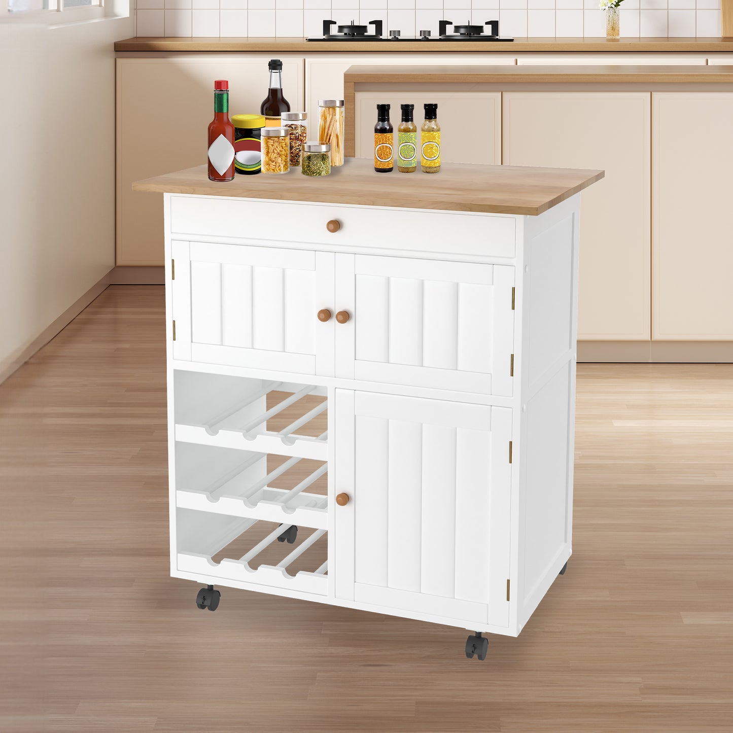 Keukenwagen – Mobiele Keukentrolley – Keukenwagen op Wieltjes – Keukenkastje – Keukenkar – Wit – Compact 68x39x85 cm – Met Werkblad en Remmen