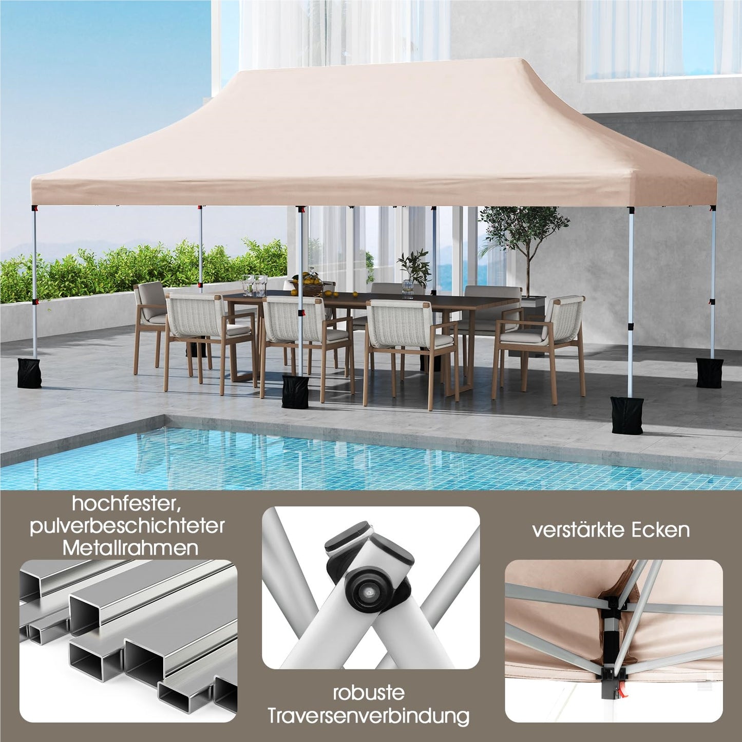 Paviljoen – Vouwtent – Partytent – Tuintent – Overkapping – 3x6m – Waterbestendig – UV Bescherming 50+ – Inklapbaar – Hoogte Verstelbaar – Beige