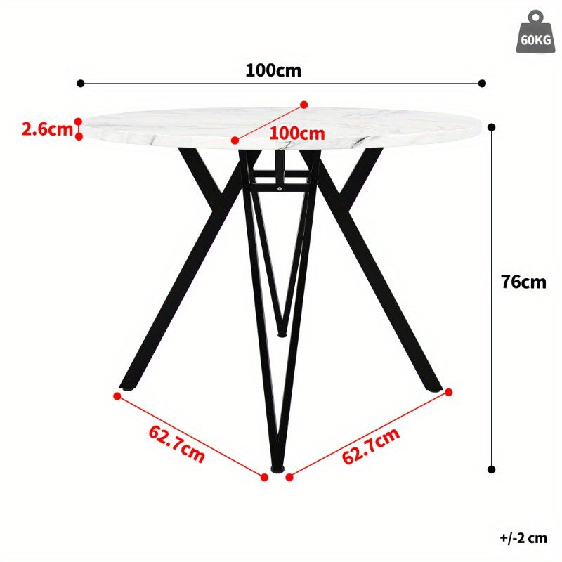 Ronde Eettafel – Tafel – Eetkamertafel – Keukentafel – Eettafel 4 Personen – MDF Marmeren Blad – Zwarte Metalen Poten – 100x100x76 cm – Klassiek Ontwerp – Geen Montage Nodig