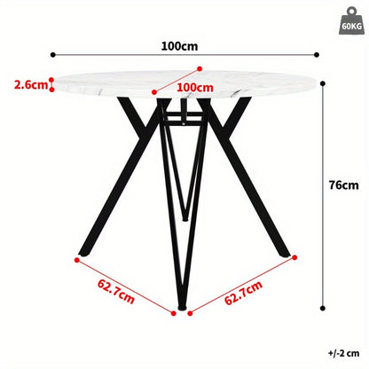 Ronde Eettafel – Tafel – Eetkamertafel – Keukentafel – Eettafel 4 Personen – MDF Marmeren Blad – Zwarte Metalen Poten – 100x100x76 cm – Klassiek Ontwerp – Geen Montage Nodig