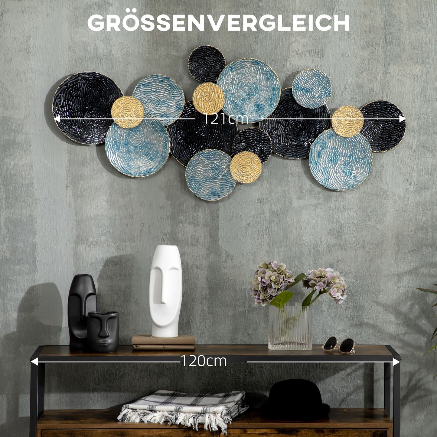 3D Wall Decoration with Circles, 121 cm x 4 cm x 53 cm, Metal, Blue + Black