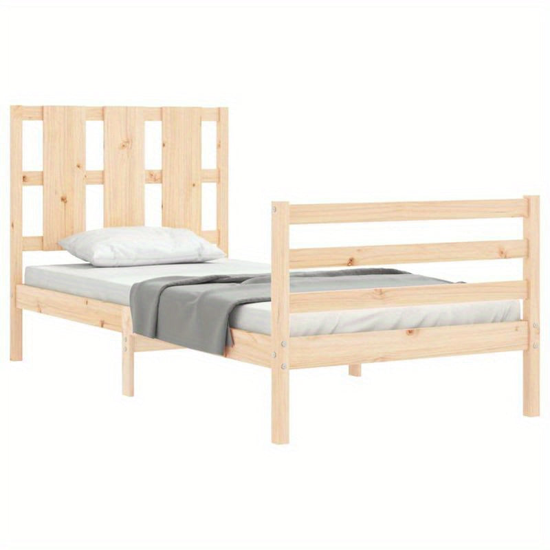 Single-Size Contemporary Wooden Bed Frame with Headboard - Solid & Removable Durable Wood, Easy Assembly, No Power Needed for Small Spaces, Bedroom Furniture, Minimalist Design, Natural Wood Finish