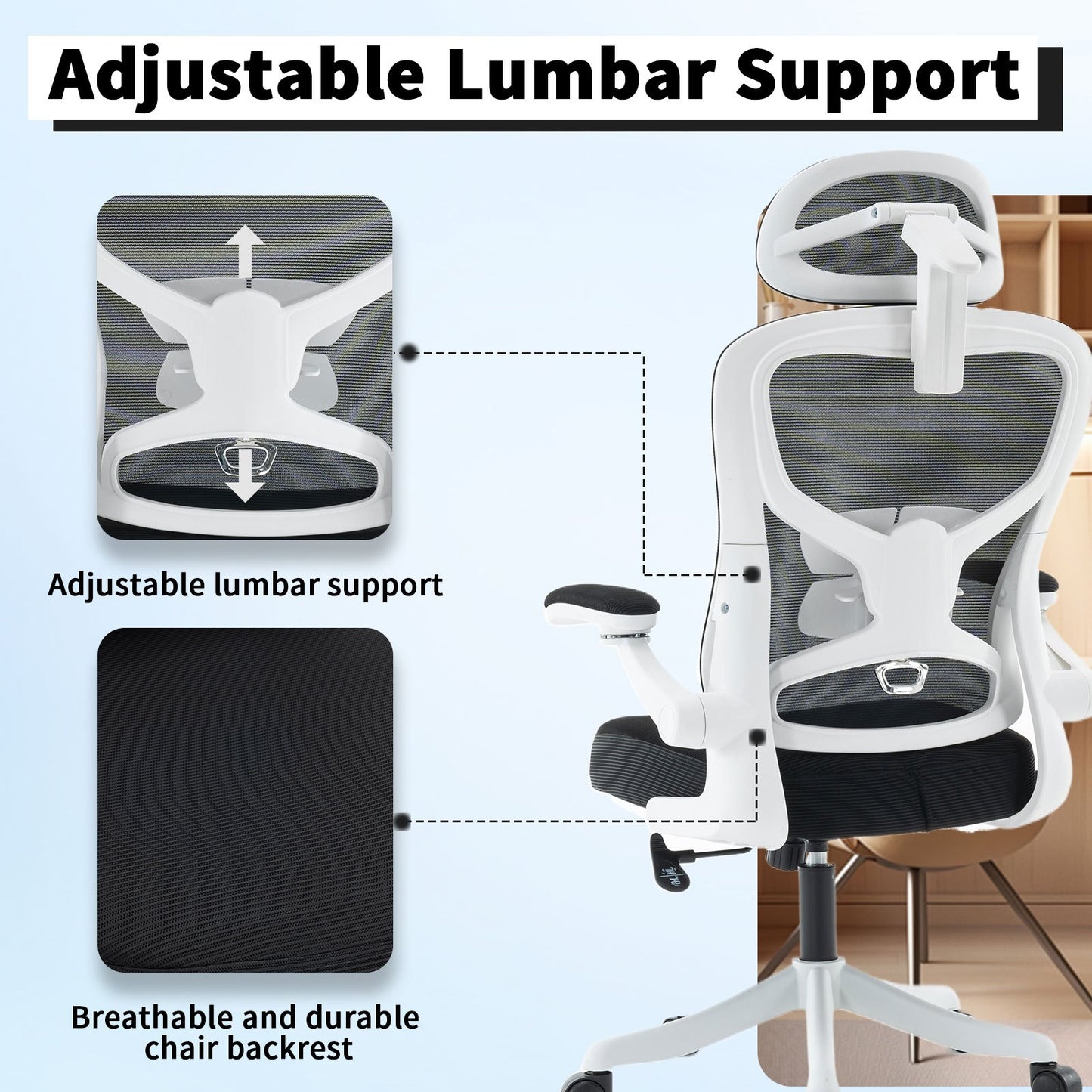 Ergonomic Office Chair, Desk Chair with Adjustable Headrest, Armrests, Lumbar Support, Swivel Chair, Rocker Function, Mesh Executive Chair, Back-Friendly, Office Chair 150 kg
