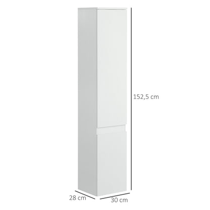 Badkameropbergkast – Badkamerkast – Opbergmeubel – Toiletkast – Kolomkast – Wit – 2 Deuren – 3 Verstelbare Planken – Compact 30x28x152,5 cm – MDF & Hout