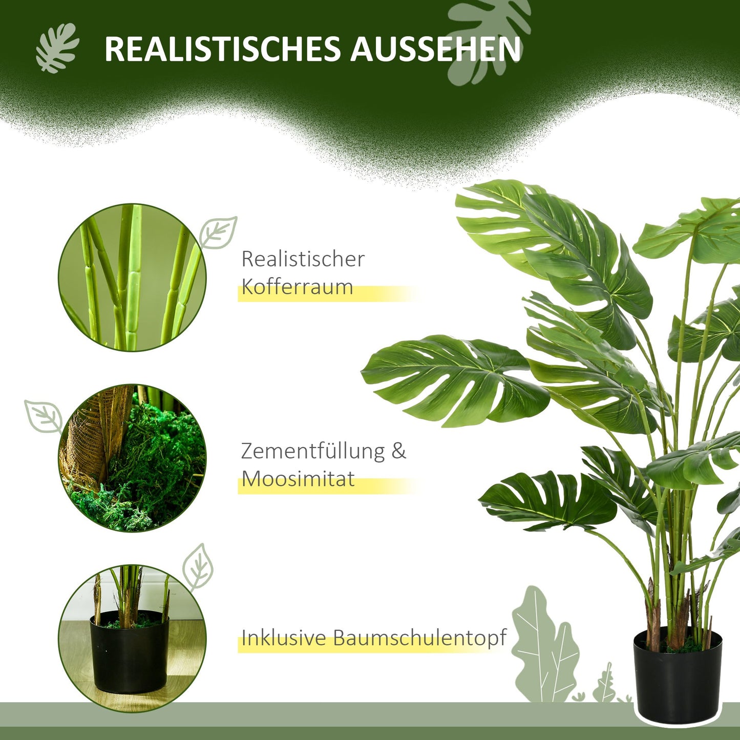 Monstera Deliciosa Kunstplant – Nepplant – Groene Kamerplant – Decoratieve Plant – Hangplant – Onderhoudsvrij – Stevige Cementen Pot 120 cm