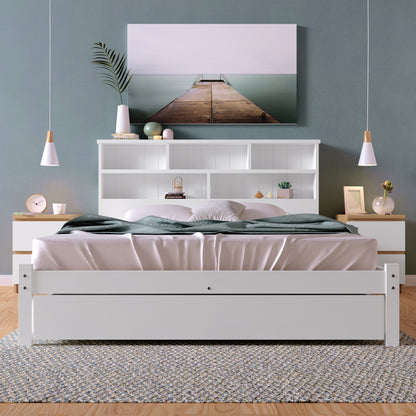 Beddenkasten – Bed Met Opbergruimte – Tweepersoonsbed – Ledikant – Slaapbank – Wit Modern Tweepersoonsbed 140x200 cm – Opberglades Onder Bed – Hoofdbord Met 6 Vakken