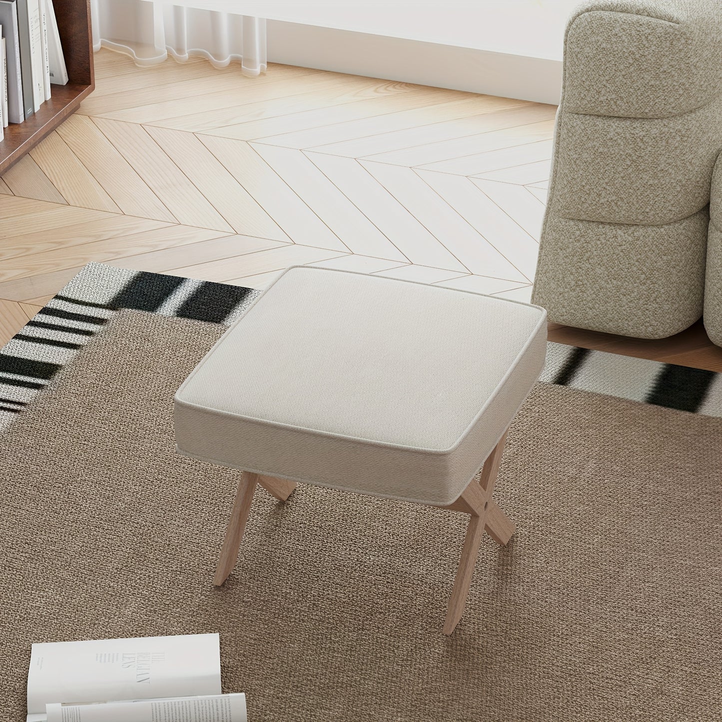 Poef – Kruk – Voetenbankje – Hocker – Zitzak – Gestoffeerd Linnen Look – Houten Onderstel – Anti-slip Mat – Licht Beige