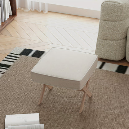 Poef – Kruk – Voetenbankje – Hocker – Zitzak – Gestoffeerd Linnen Look – Houten Onderstel – Anti-slip Mat – Licht Beige