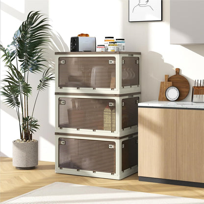 Opbergdoos – Opbergbox – Opbergmand – Bewaardoos – Opbergbak – Stapelbaar – Inklapbaar – 3 x 97,5L – Met Wieltjes en Vijf Openingen – Kunststof Wit