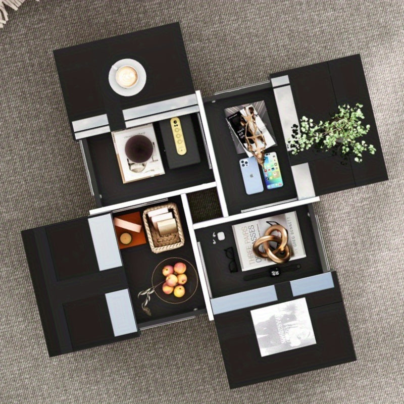 Salontafel – Koffietafel – Bijzettafel – Woonkamertafel – Tafeltje – Modern Hoogglans – 70x70x35 cm – Zwart-Wit Met Opbergruimte En 4 Lades