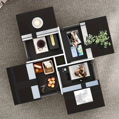 Salontafel – Koffietafel – Bijzettafel – Woonkamertafel – Tafeltje – Modern Hoogglans – 70x70x35 cm – Zwart-Wit Met Opbergruimte En 4 Lades