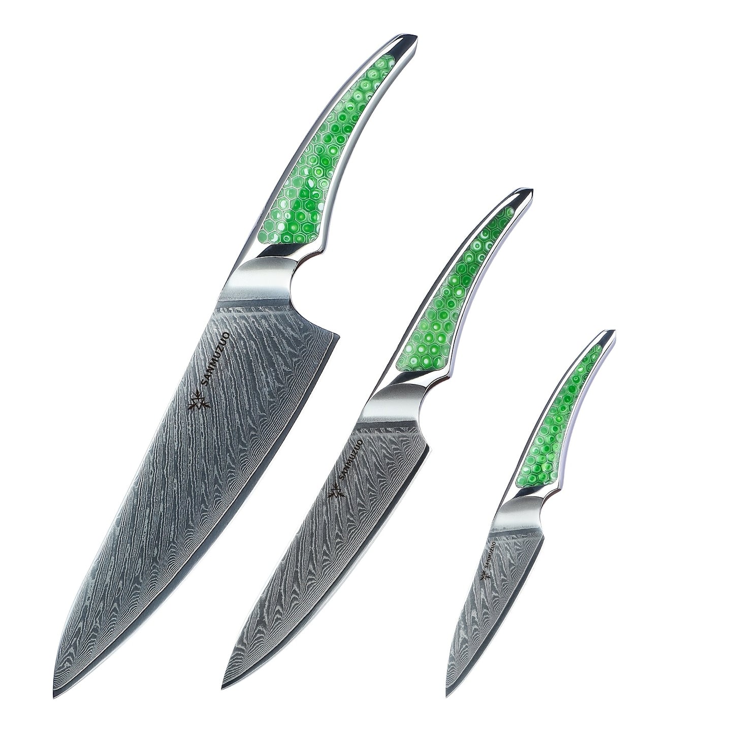 Damesschilmessen – Schilmesje – Utility Mes – Koksmes – Keukenmessen Set – VG10 Damascus Staal – Ergonomische Hars Handgrepen – Ambidextrisch Design – Groen