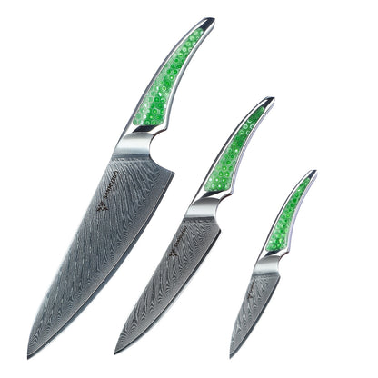 Damesschilmessen – Schilmesje – Utility Mes – Koksmes – Keukenmessen Set – VG10 Damascus Staal – Ergonomische Hars Handgrepen – Ambidextrisch Design – Groen