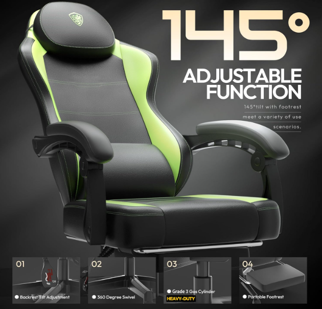 Gamingstoel – Bureaustoel – Desk Chair – Zitzak – Game Chair – Ergonomisch Design – Draagkracht 136 kg – Voetensteun – Groen