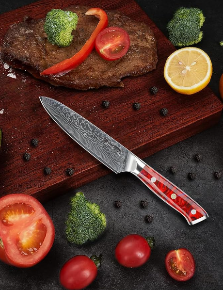 Messenset – Keukenmessen – Broodmes – Utility Mes – Santokumes – Rood – VG10 Damascus Staal – Resin Handvat