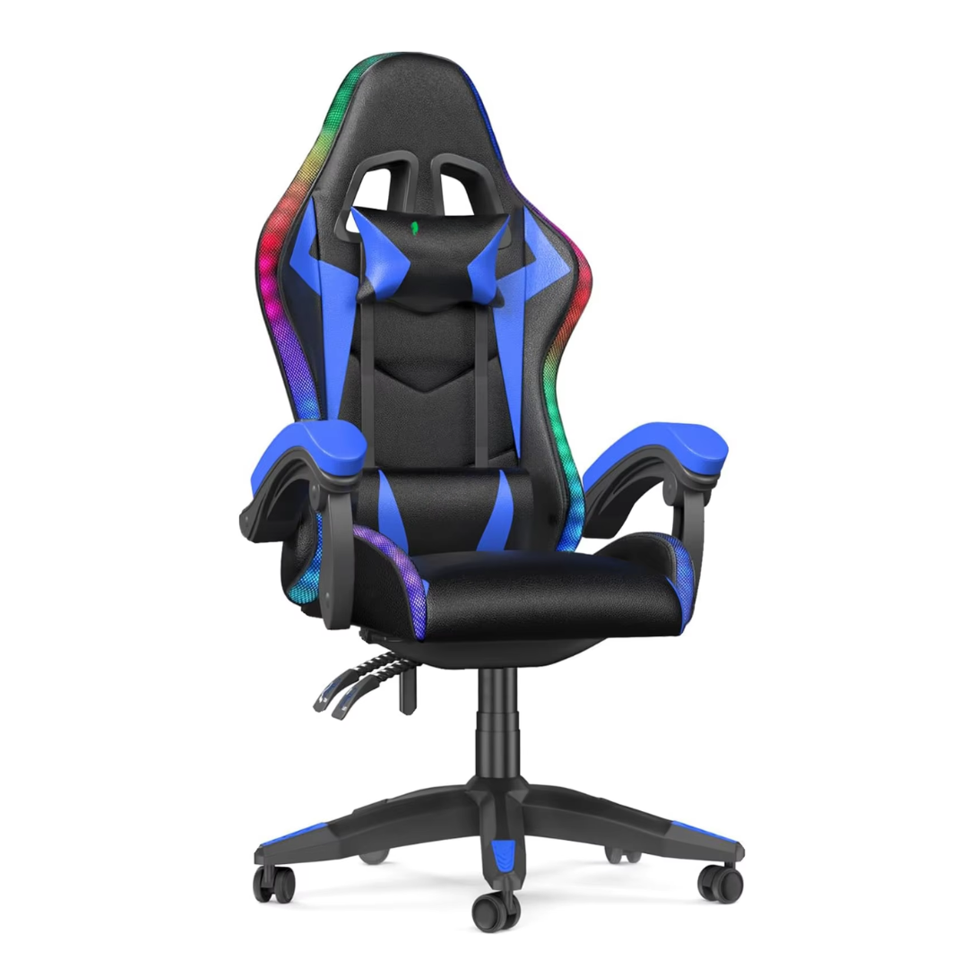 Gaming Stoel met LED Verlichting – Ergonomische Gamestoel met Hoge Rugleuning en Hoofdsteun – Verstelbare Bureaustoel voor Gamers – Comfortabele Computerstoel – Zwart met Blauw Design