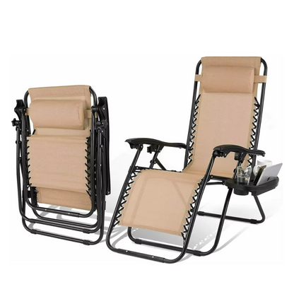 Ligstoelen Set met Tafel - Loungeset Buiten - Verstelbare Tuinstoelen - Campingstoelen - Opvouwbare Strandstoelen met Hoofdkussen en Bekerhouder - Beige