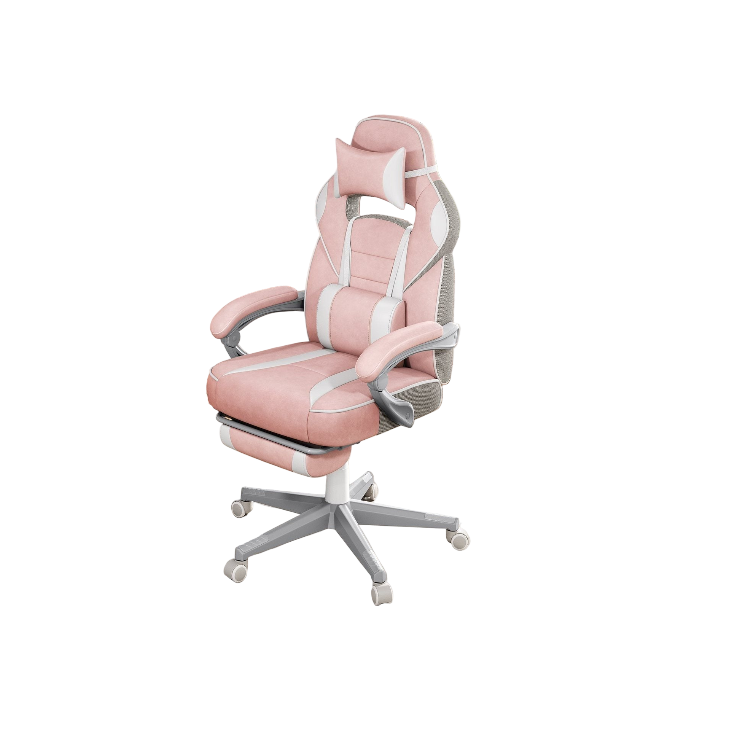 Gamingstoel – Gamestoel – Bureaustoel – Game Chair – Verstelbare Voetensteun – Ergonomisch Met Lendensteun – Maximale Draagkracht 150 kg – Pastelroze & Crèmewit