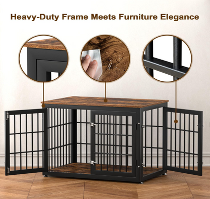 Hondenbench – Hondenkooi – Bench – Hondenhuisje – Dierenkooi – 3 Deuren – Uitneembare Lade – Metaal Met Houtlook – Maat M – Zwart