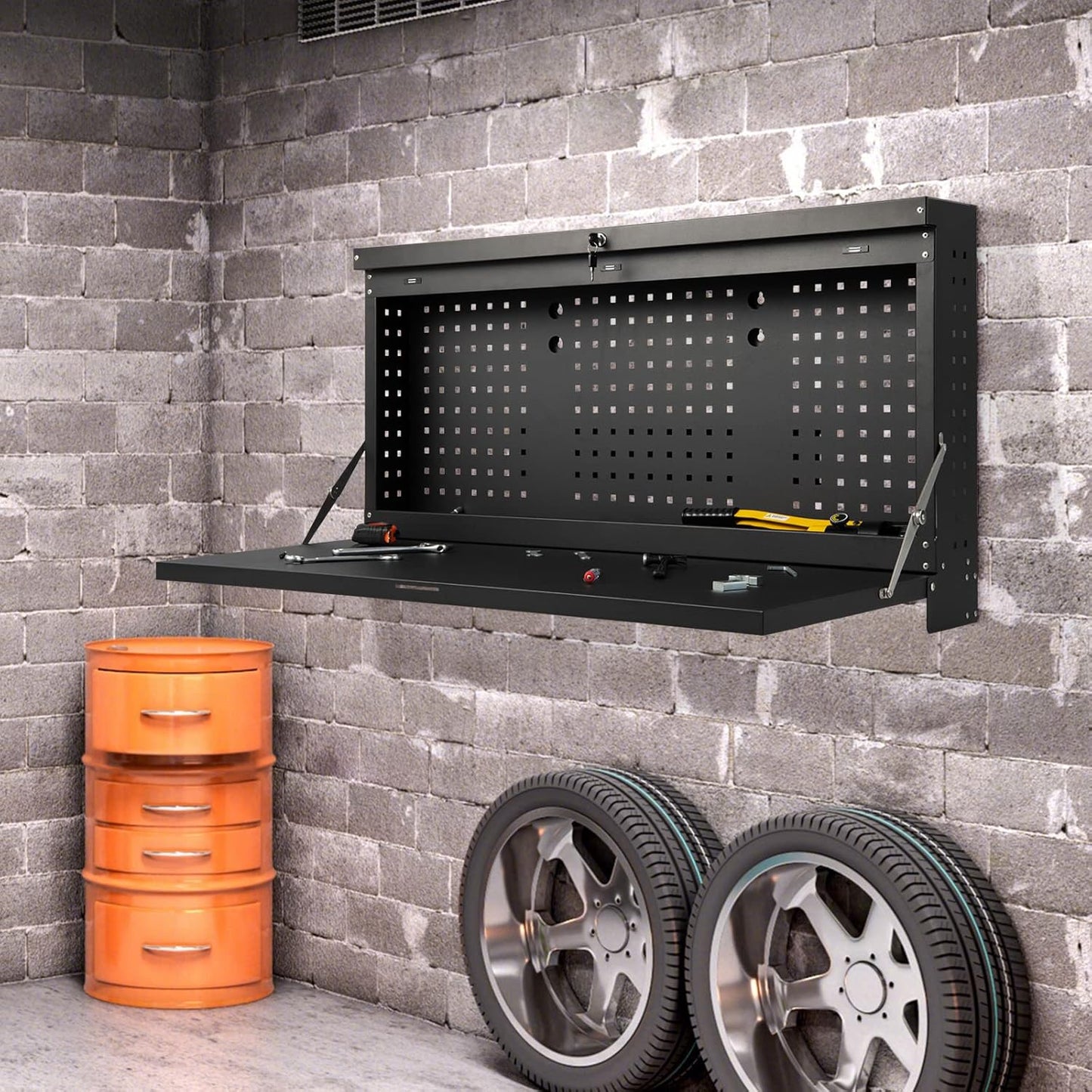 Inklapbare Werkbank – Werktafel – Opbergkast – Pegboard – Garagekast – Muurbevestigd – Vergrendelbaar Met Sleutel – Staal En 50 Kg Draagvermogen