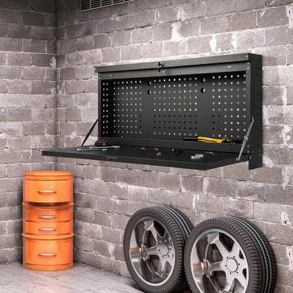Inklapbare Werkbank – Werktafel – Opbergkast – Pegboard – Garagekast – Muurbevestigd – Vergrendelbaar Met Sleutel – Staal En 50 Kg Draagvermogen