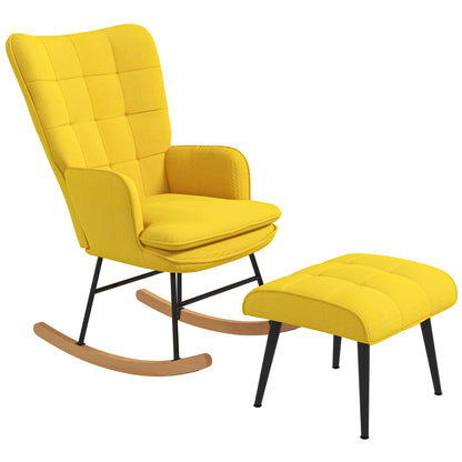 Schommelstoel – Schommelstoel Met Voetenbank – Relaxfauteuil – Wiebelfauteuil – Linnen Look Fauteuil – Gele Variant – Ergonomisch Comfort – Massief Beukenhout Frame