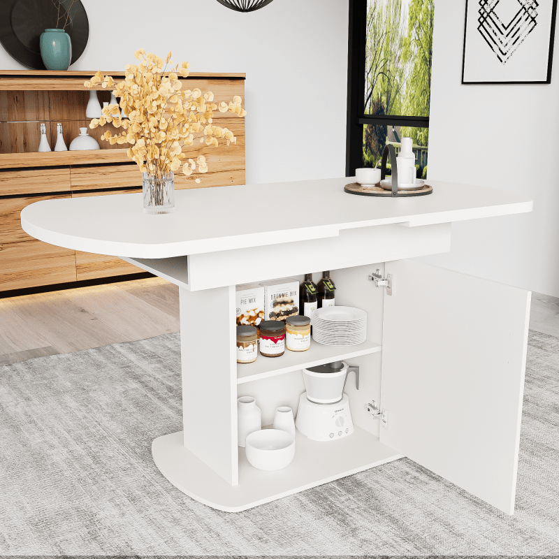 Uitschuifbare Ovaalvormige Tafel – Uitklapbare Eettafel – Salontafel – Werktafel – Compacte Tafel – Wit Met Gouden Handgrepen – Met Opbergruimte – 110-130x70x75 cm