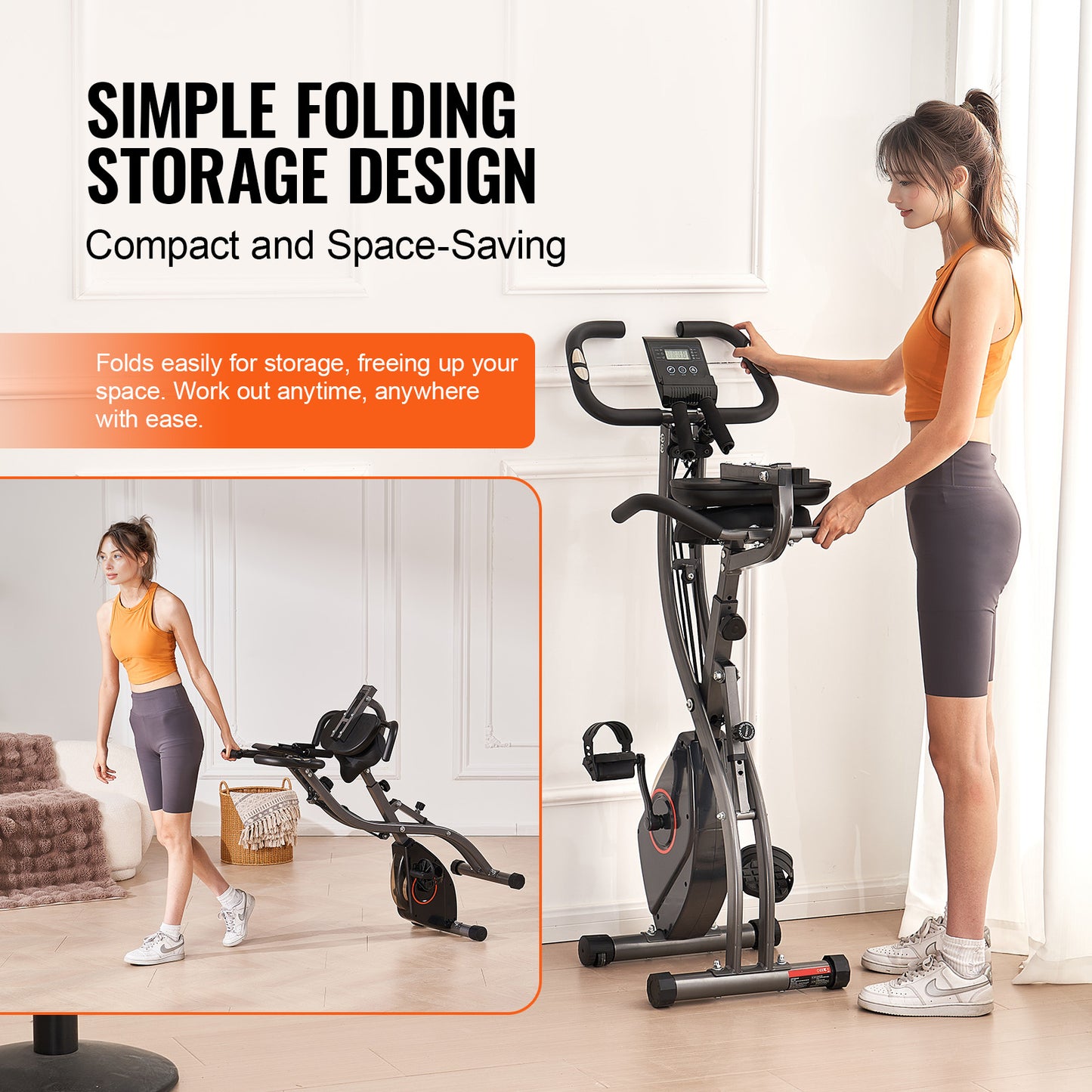3-in-1 Hometrainer – Opvouwbare Fiets – Fitnessfiets – Binnenfiets – Spinningfiets – Oranje Zwart – Instelbare Magnetische Weerstand – Stabiel Stalen Frame
