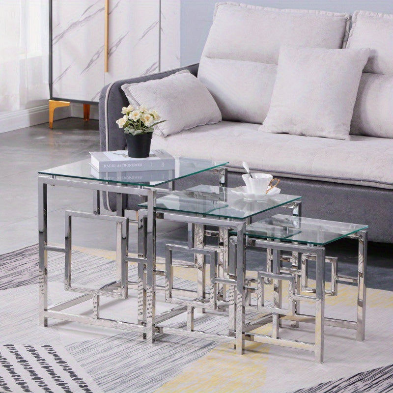 JYMTOM Set of 3 Coffee Tables, Side Tables Made of Stainless Steel Frame and Tempered Glass for Living Room, Modern Design, Sofa Table, Coffee Tables for Living Room, Sofa Side Table, Home Accent Tables, Glass Coffee Table, M