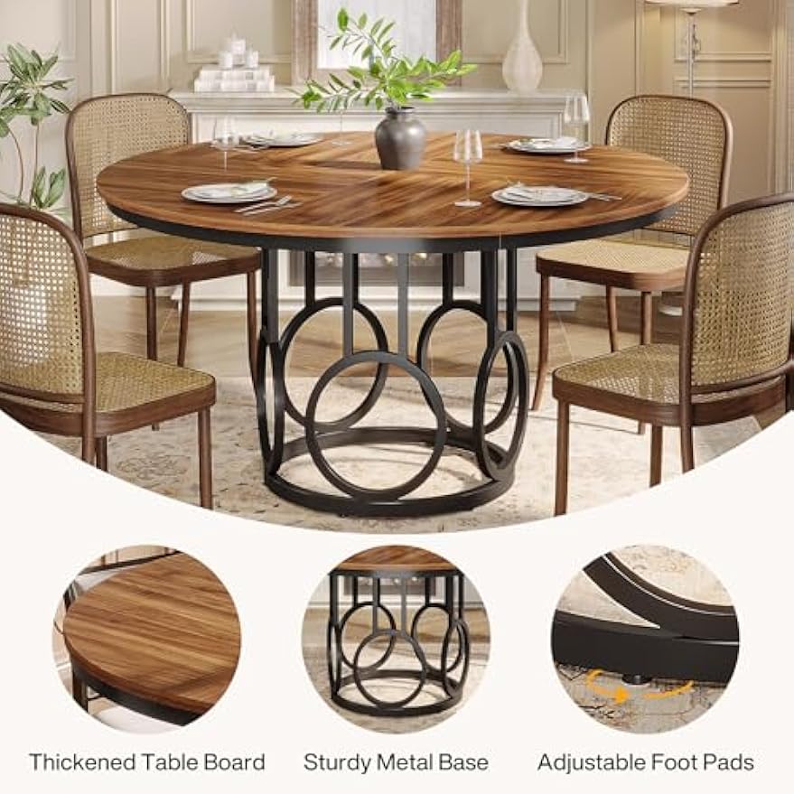 Ronde Eettafel – Dining Table – Keukentafel – Tafel Rond – Eetkamertafel – Rustiek Modern Design – Walnoot Houtnerf – Stabiele Metalen Poten – 120 cm Ø – Geschikt Voor 4-6 Personen