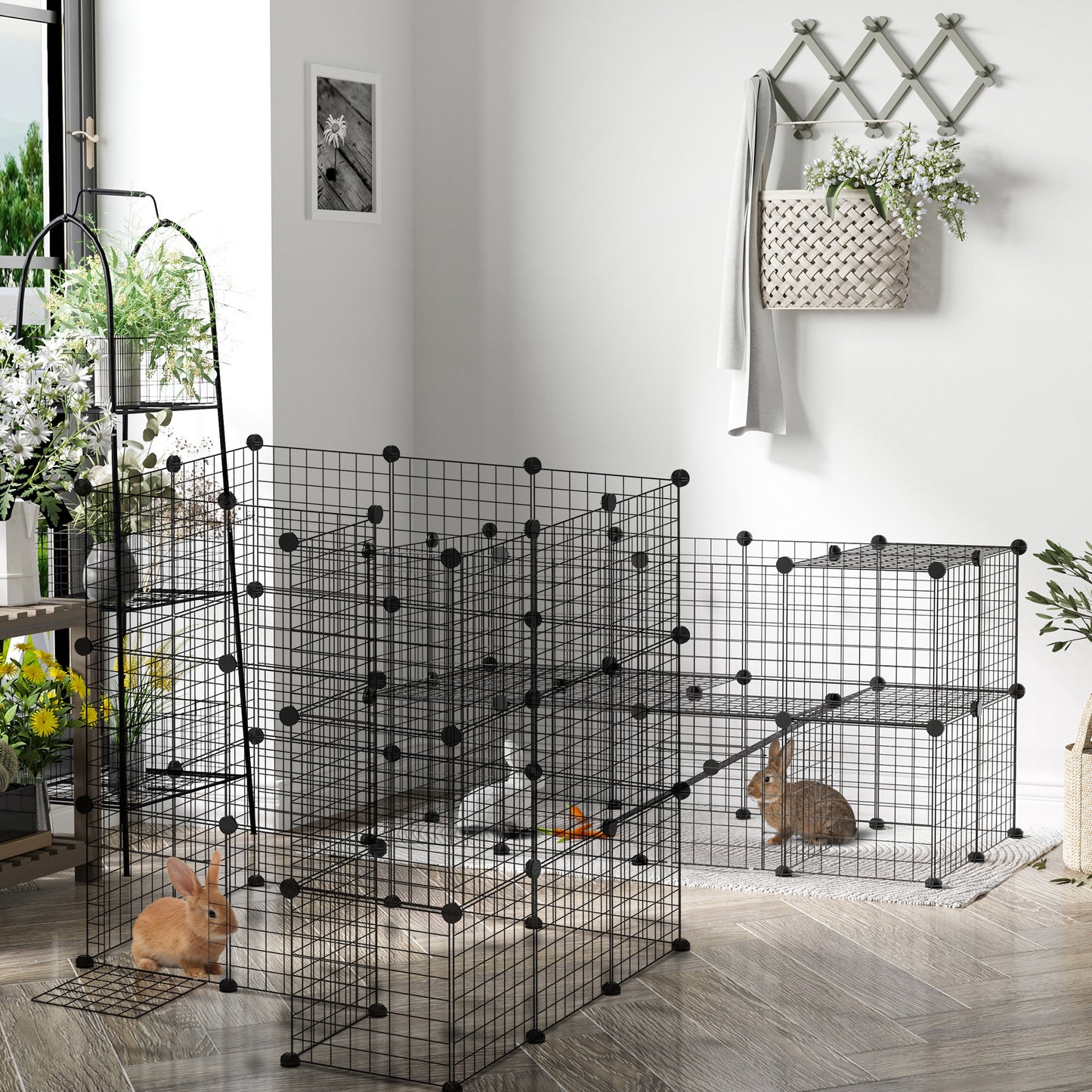 Speelomheining Klein Dieren – Ren Voor Cavia’s – Konijnenren – Draadomheining – Huisdierren Zwart – Modulair 2 Laags – Afgeronde Randen – Robuust Draadmetaal 146x73x73 cm