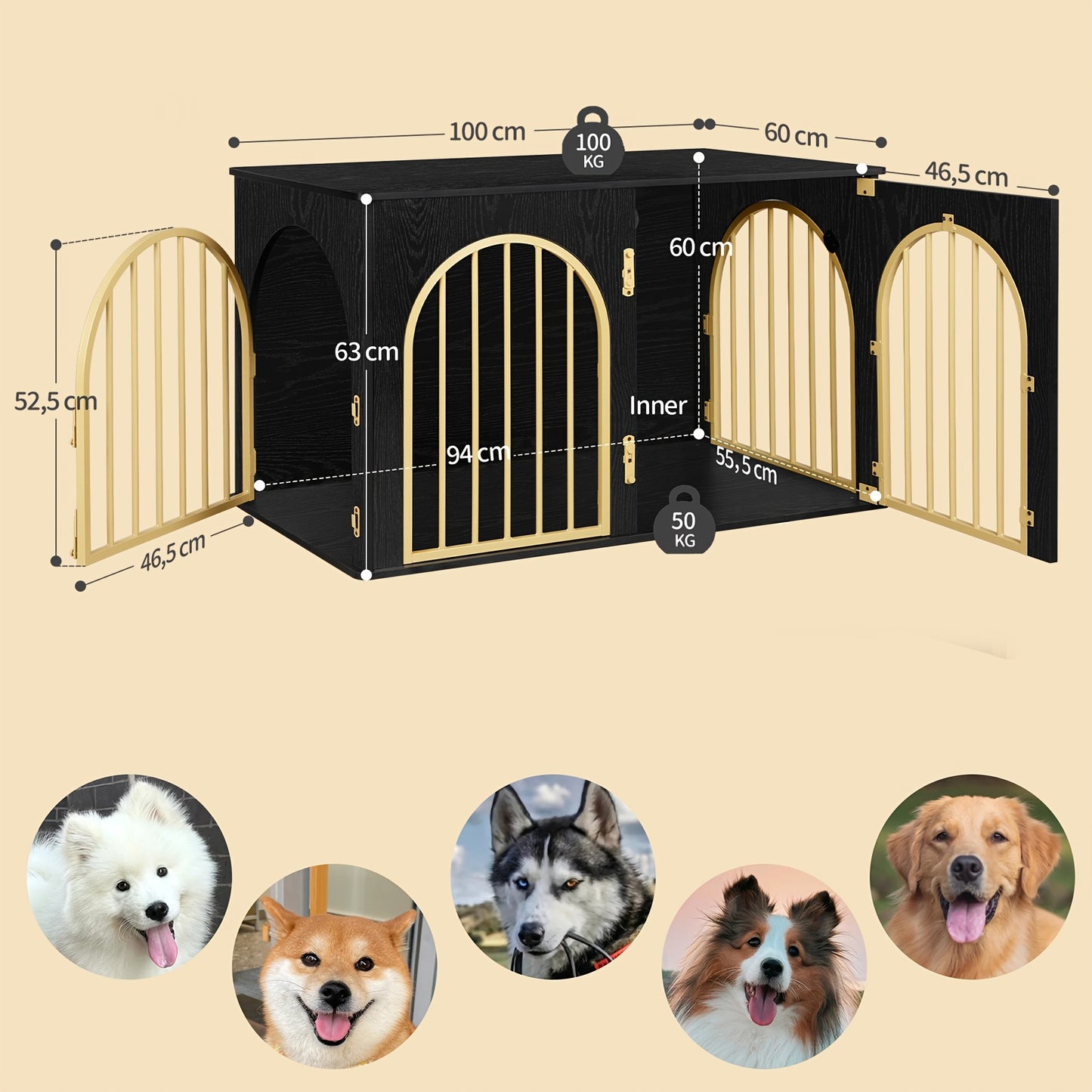 Hondenbench – Hondenkooi – Hondenverblijf – Huisdierbench – Hondenren – Zwart-Gouden Design – 3 Draaideuren & Boogvormige Deur – Stevig Metaal en Hout – 60 x 100 x 63 cm – Voor Middelgrote tot Grote Honden