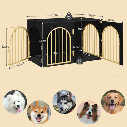 Hondenbench – Hondenkooi – Hondenverblijf – Huisdierbench – Hondenren – Zwart-Gouden Design – 3 Draaideuren & Boogvormige Deur – Stevig Metaal en Hout – 60 x 100 x 63 cm – Voor Middelgrote tot Grote Honden