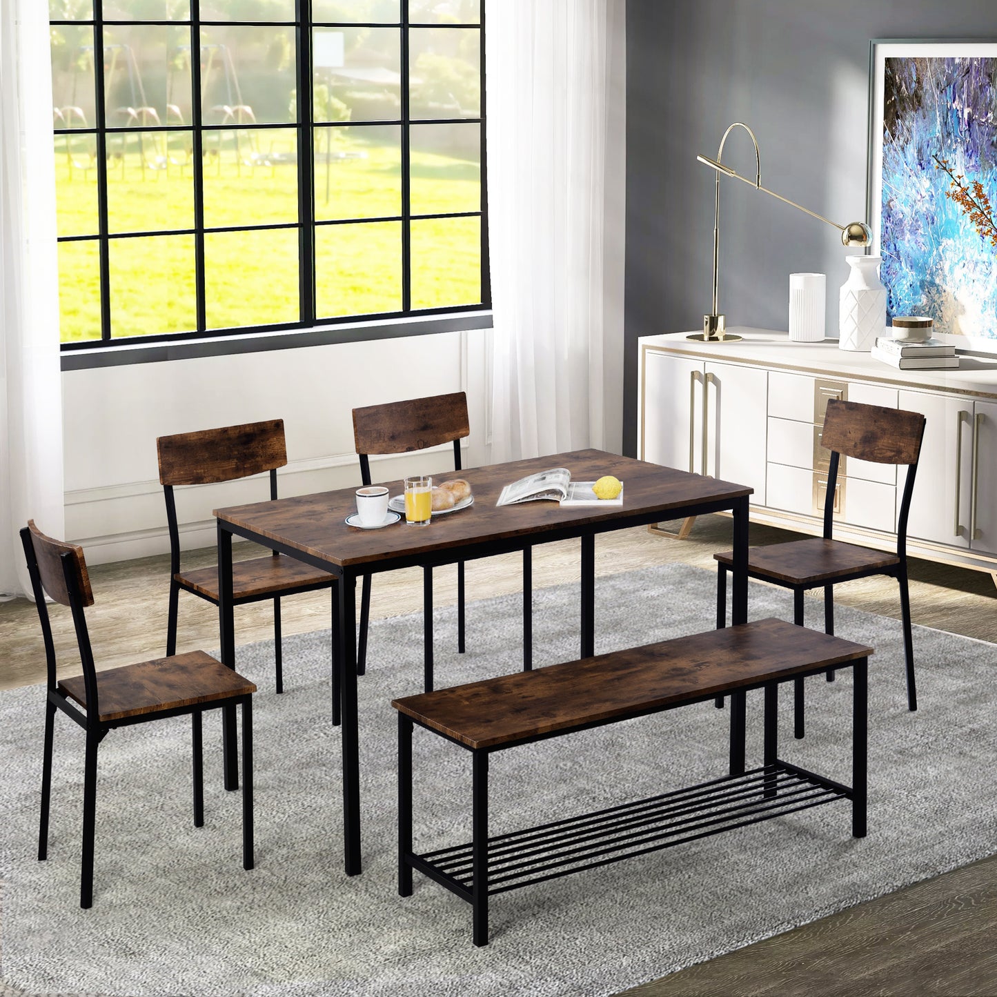 Eettafelset – 6-Delige Diningset – Stoelenset – Bank En Tafel – Houten Eettafel – Industrieel Design – Duurzaam MDF En Stalen Frame – Compact Met Opbergruimte