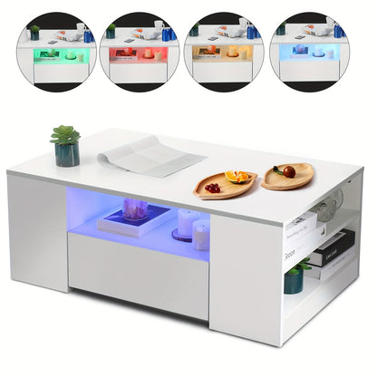 Salontafel – Koffietafel – Bijzettafel – Woonkamertafel – Tafel – Wit – Blauwe LED-verlichting – UV-hoogglans MDF met 2 lades