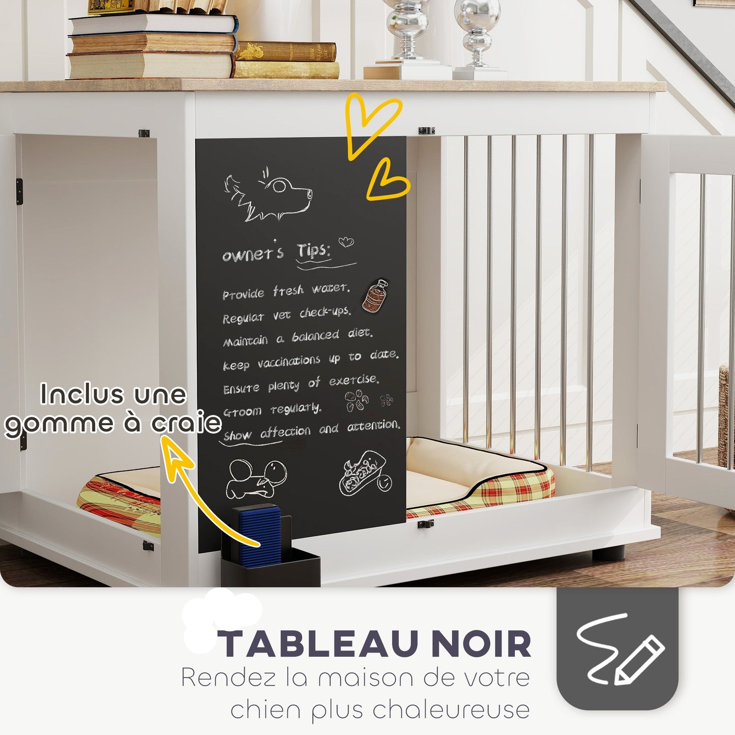 Hondenbench – Hondenkooi – Mand – Hondenhok – Binnenkennel – Middelgrote Hond – Drie Deuren – Multifunctionele Bijzettafel – Wit – 80x60x70 cm – Met Krijtbord