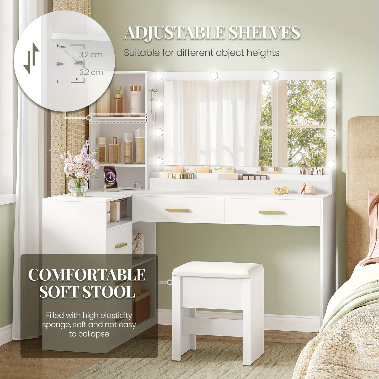 Corner Dressing Table with Stool, Large Mirror, 5 Drawers and Multiple Open Storage Shelves, 40 × 120 × 139cm, White