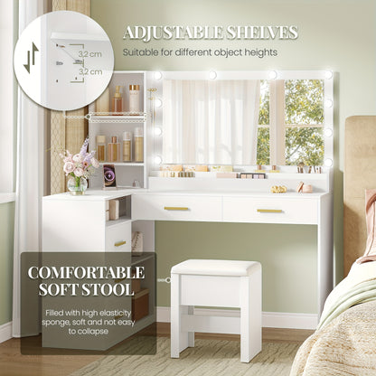 Hoekkaptafel – Kaptafel – Make-uptafel – Schminktisch – Dressingtable – Wit – Grote Spiegel 80 cm – Vijf Lades Met Opbergruimte