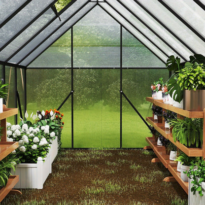 Kas – Serre – Plantenhuis – Tuinkas – Broeikas – Aluminium Frame – Verzinkte Stalen Fundering – Schuifdeur & Dakraam – 340x180x195 cm – 4 mm Polycarbonaat – Weerbestendig & Duurzaam - QUORE