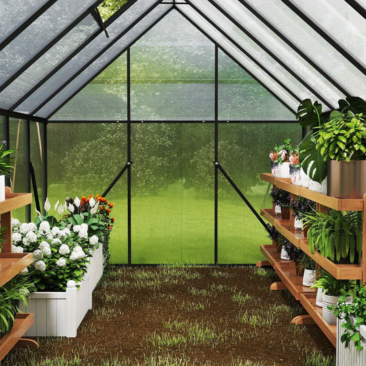 Kas – Serre – Plantenhuis – Tuinkas – Broeikas – Aluminium Frame – Verzinkte Stalen Fundering – Schuifdeur & Dakraam – 340x180x195 cm – 4 mm Polycarbonaat – Weerbestendig & Duurzaam - QUORE