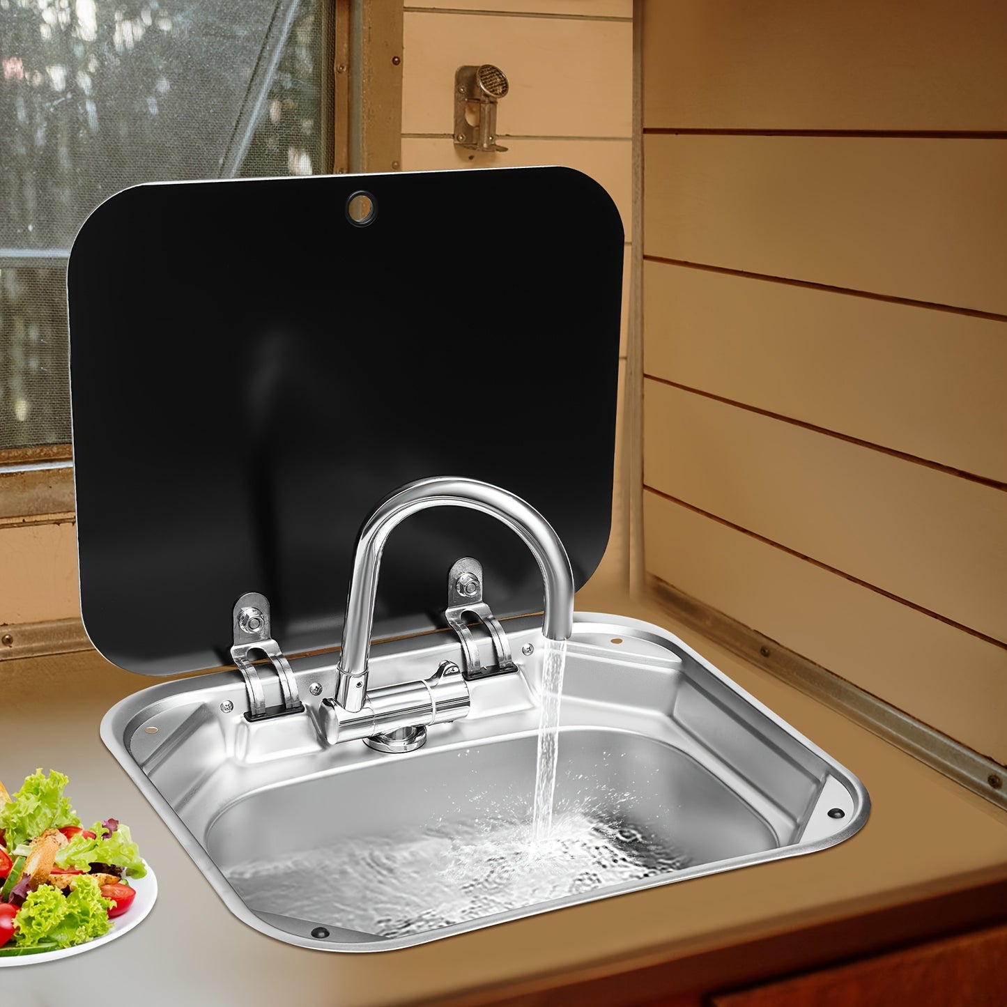 RVS Camper Wasbak – Keukenspoelbak – Bootspoelbak – Vouwkraan – Spoelbak Met Glasplaat Deksel – Compact Formaat – Gemaakt Van Roestvrijstaal