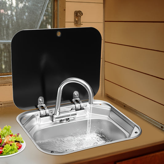 RVS Camper Wasbak – Keukenspoelbak – Bootspoelbak – Vouwkraan – Spoelbak Met Glasplaat Deksel – Compact Formaat – Gemaakt Van Roestvrijstaal