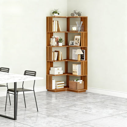 Boekenplank – Boekenrek – Wandplank – Wandrek – Boekenkast – Industrieel Design – 6 Lagen – L-vormig Hoekmeubel – Houten Planken – Anti-Val Panelen – Vrijstaand – Ruimtebesparend