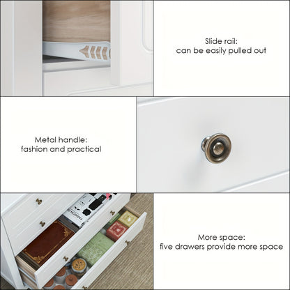 Ladekast – Ladeblok – Dressoir – Opbergkast – Ladekast Wit – 5 Ruime Laden – Gouden Handgrepen – Hoogwaardig Hout – Makkelijk Onderhoud
